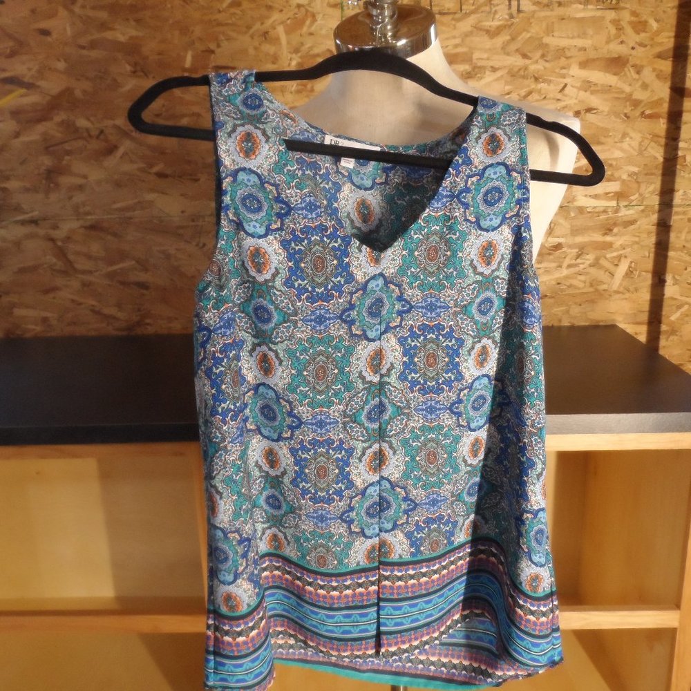 DR2 Boho Sleeveless Turquoise/Blue/Orange Medallion Print Inverted Pleat Size S